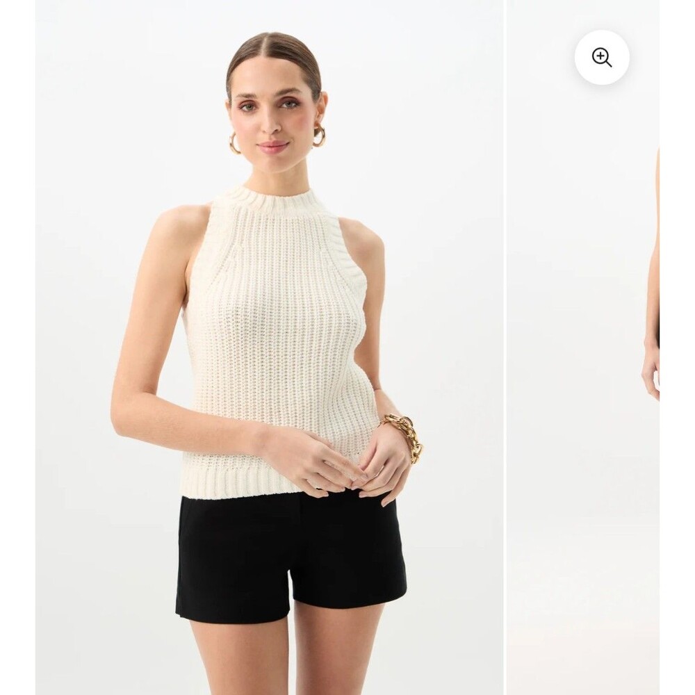 Trina Turk Paley Tank Top L Cream White Rib Knit Sleeveless Pima Cotton Sweater